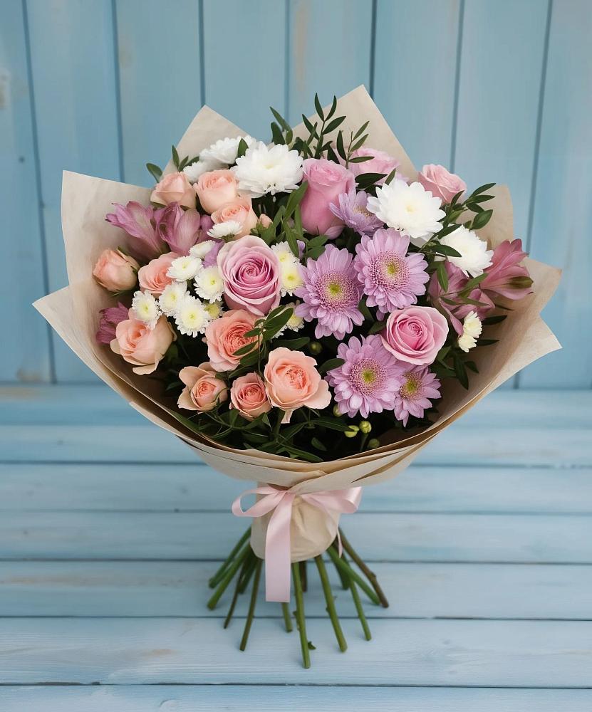 Букет цветов из: Хризантемы, Розы и Альстромерии в Реж