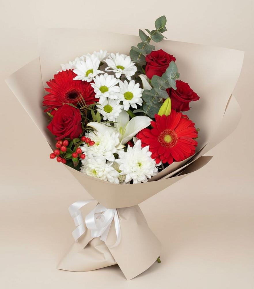 Букет цветов из: Розы, Хризантемы, Герберы и Лилии в Реж