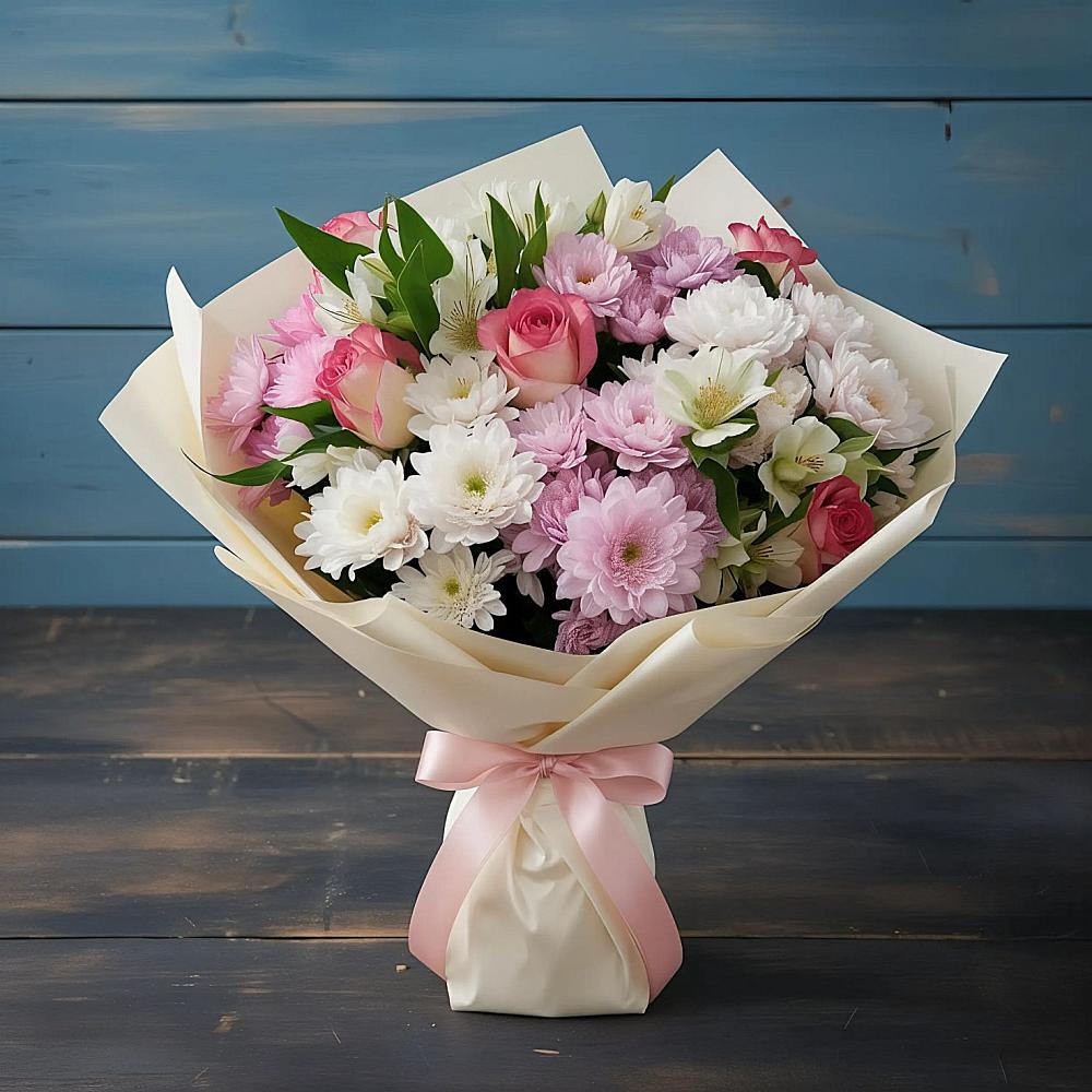 Букет цветов из: Хризантемы, Альстромерии и Розы в Реж